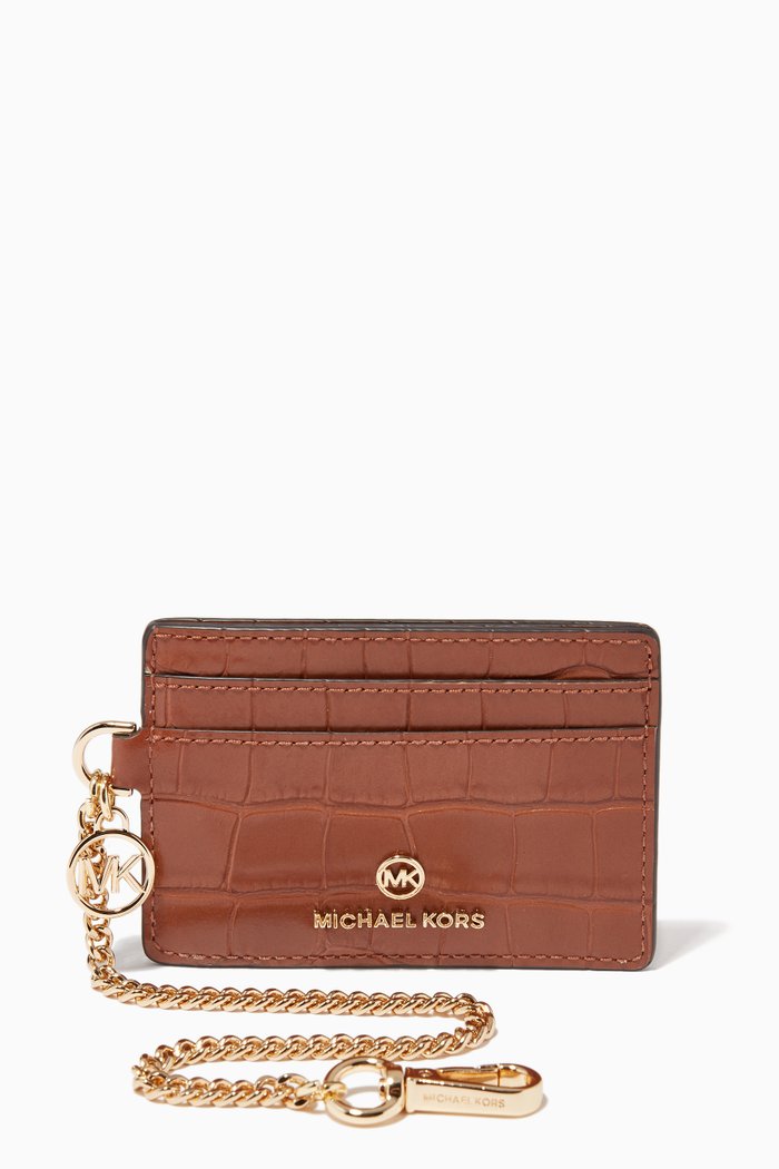 Small Chain ID Card in Croc-embossed Leather, Brown