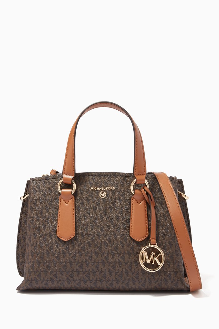 Small Emma Satchel Bag in Logo Canvas, Brown