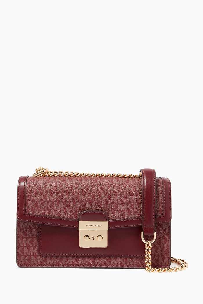 

Small Convertible Shoulder Bag in Logo Canvas & Leather, Red