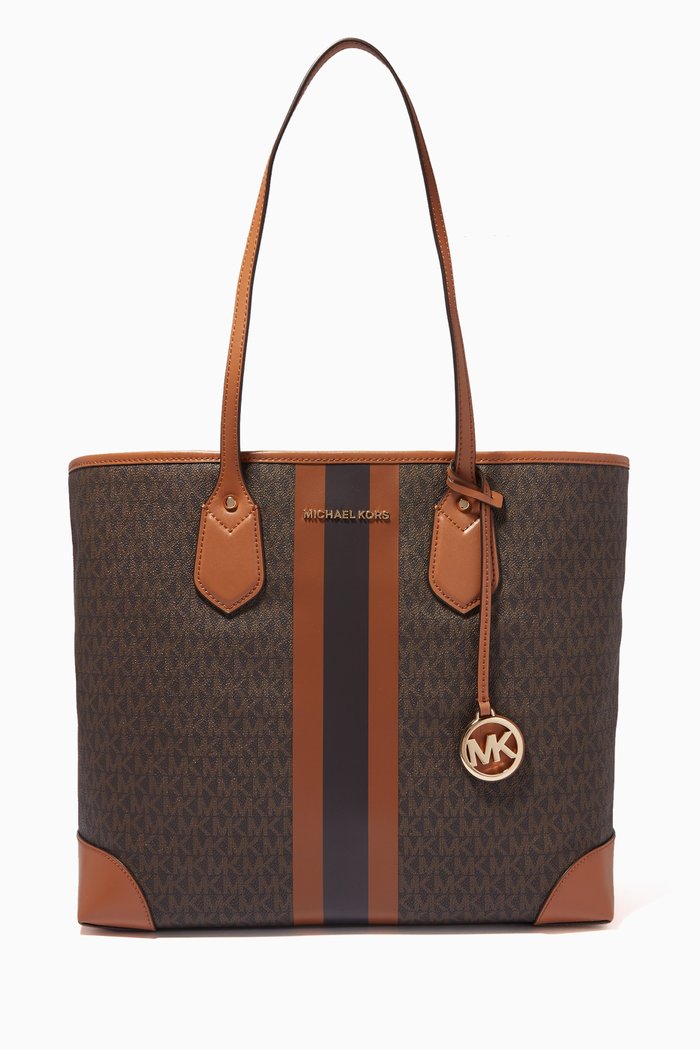

Large Eva Tote Bag in Logo Stripe Canvas, Brown