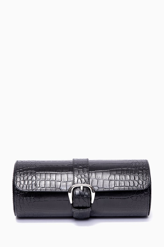 

Brompton Three Watch Roll in Croc-Effect Leather, Black