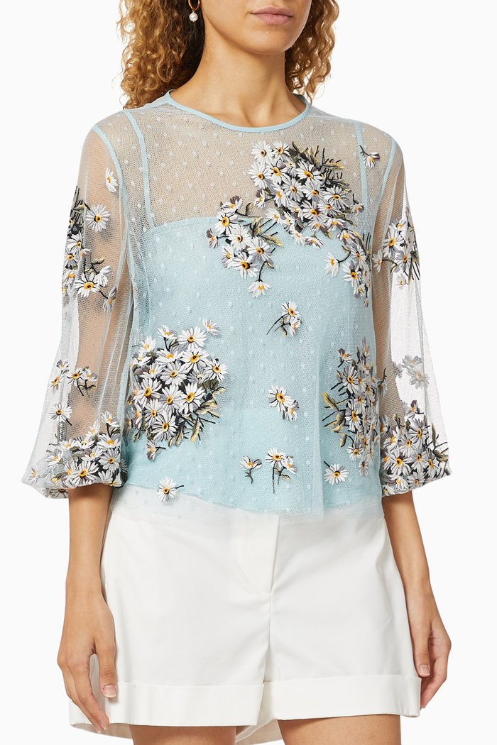 

Floral Embroidered Tulle Blouse, Blue