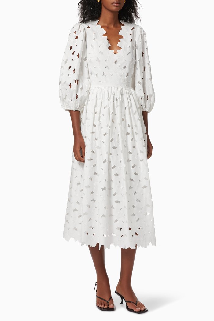 

Floral Embroidered Dress in Cotton, White