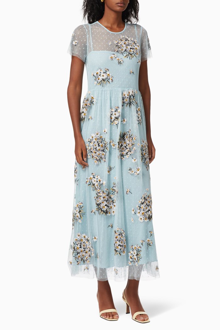 

Floral Embroidered Tulle Dress, Blue