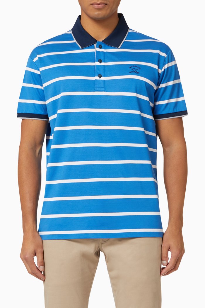 

Polo with Embroidered Paul&Shark Logo in Striped Cotton Piqué, Blue