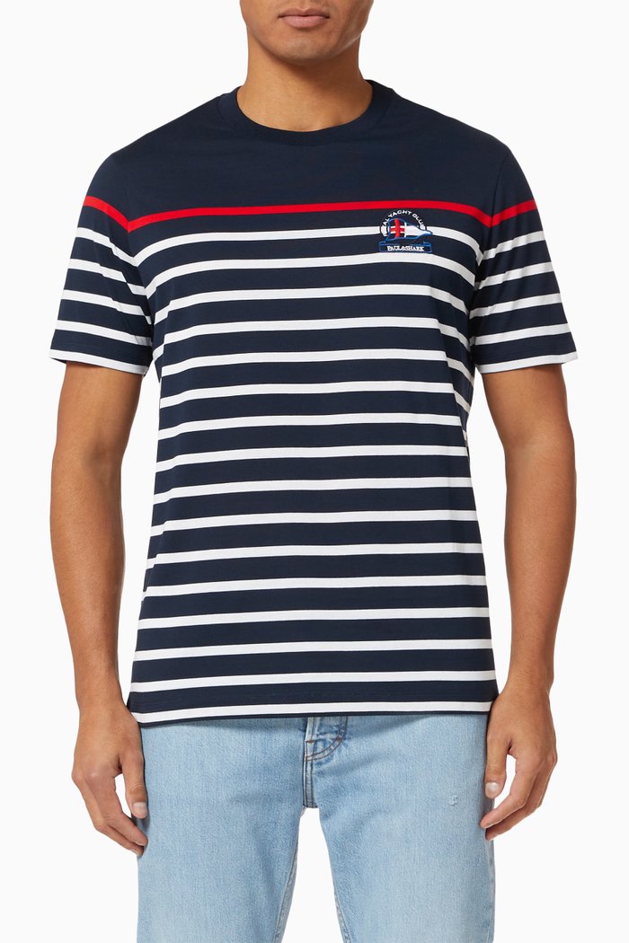 

T-shirt with Iconic Embroidery in Striped Organic Cotton, White