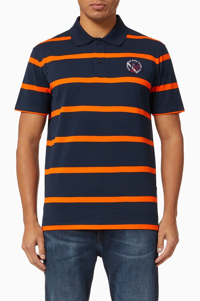 

Polo with Nautical Badge in Striped Organic Cotton Piqué, Blue