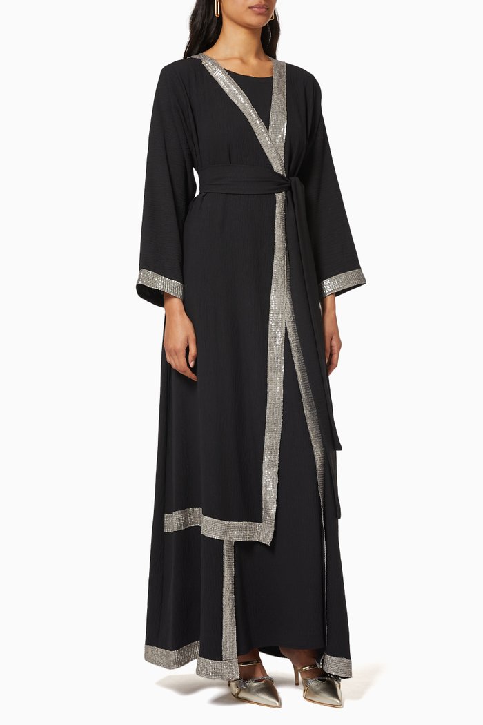 

Sequin Belted Abaya Set, Black