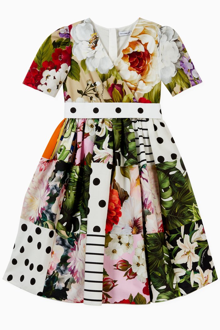 

Smocked Midi Dress in Patchwork Cotton Poplin, Multicolour