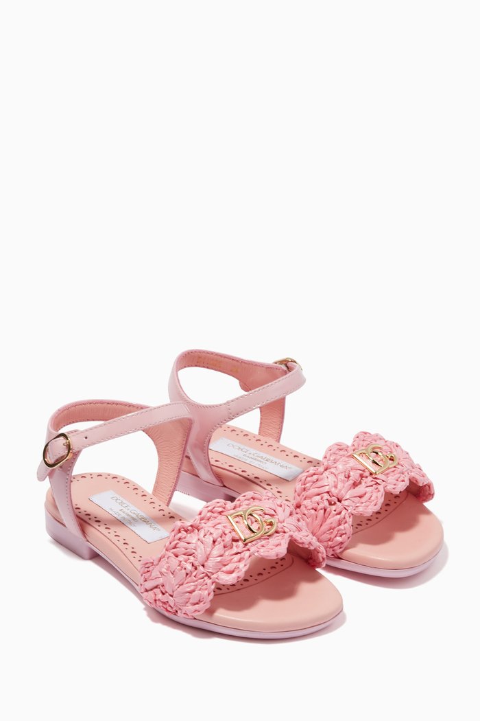 

Woven Raffia Ankle-strap Sandals in Calfskin, Pink