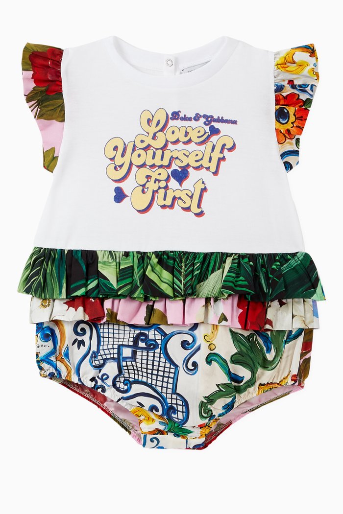 

Romper Suit with "Love Yourself First" Print in Cotton Jersey and Floral Majolica Print Poplin, Multicolour