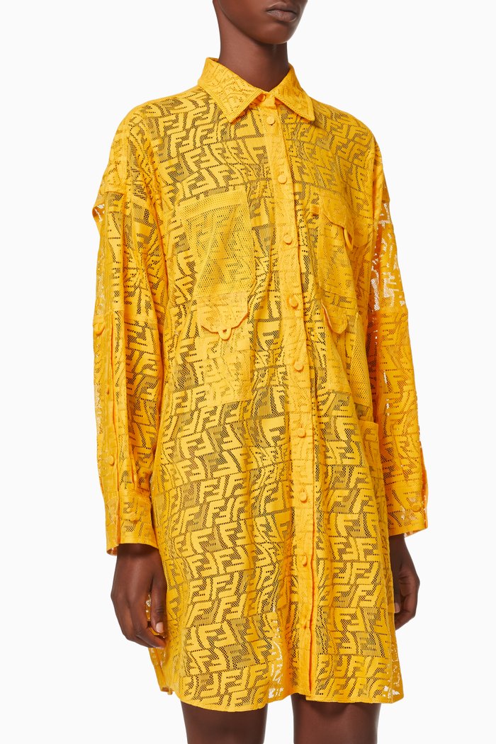 

FF Fisheye Motif Shirt Dress in Cotton Lace, Yellow