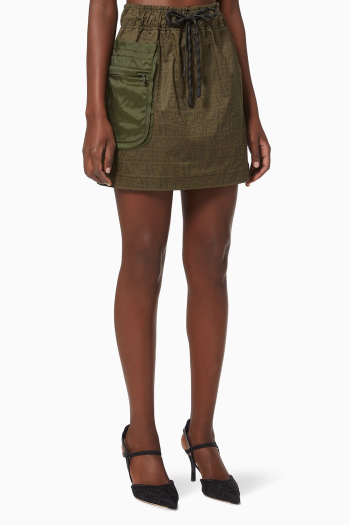 

FF Fisheye Motif Skirt in Cotton Denim, Green