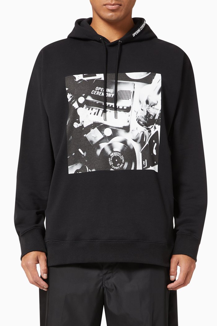 Piano Print Hoodie in Cotton, Black