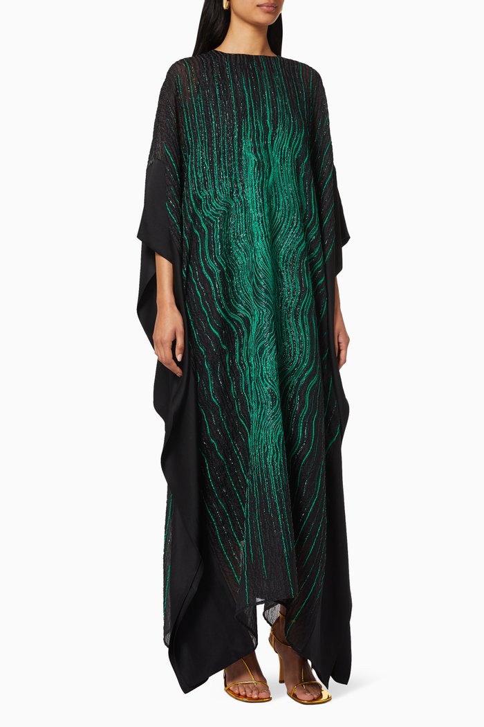 Shimmer Embroidered Waves Kaftan, Green
