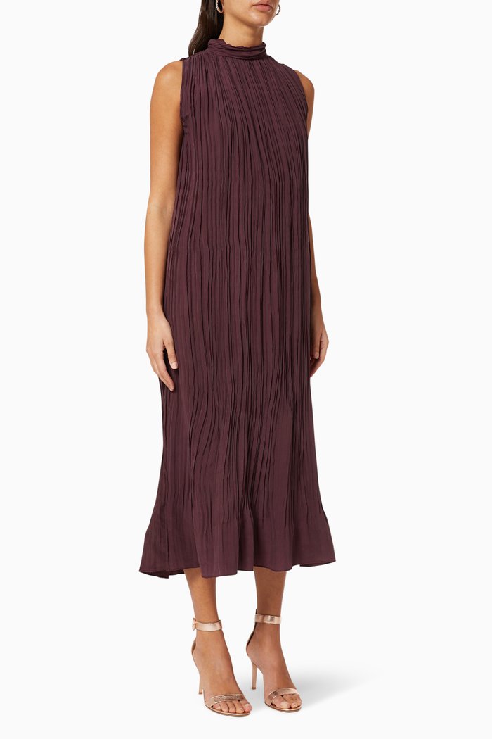 

High Neck Pleated Dress, Burgundy