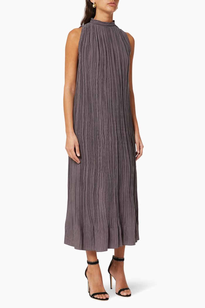 

High Neck Pleated Dress, Grey