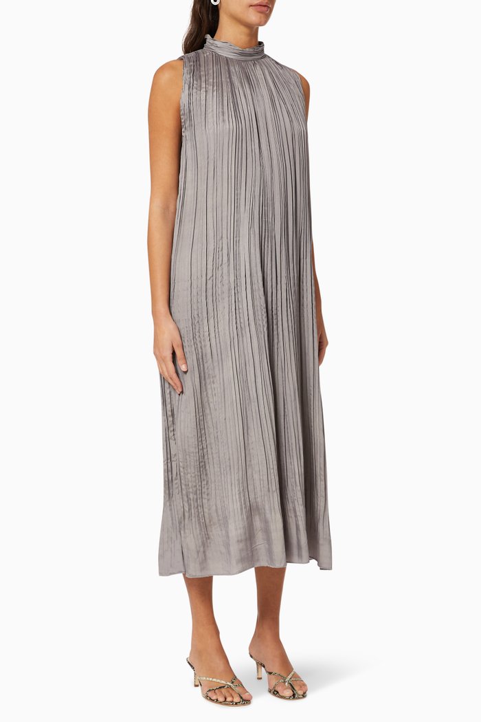 

High Neck Pleated Dress, Grey