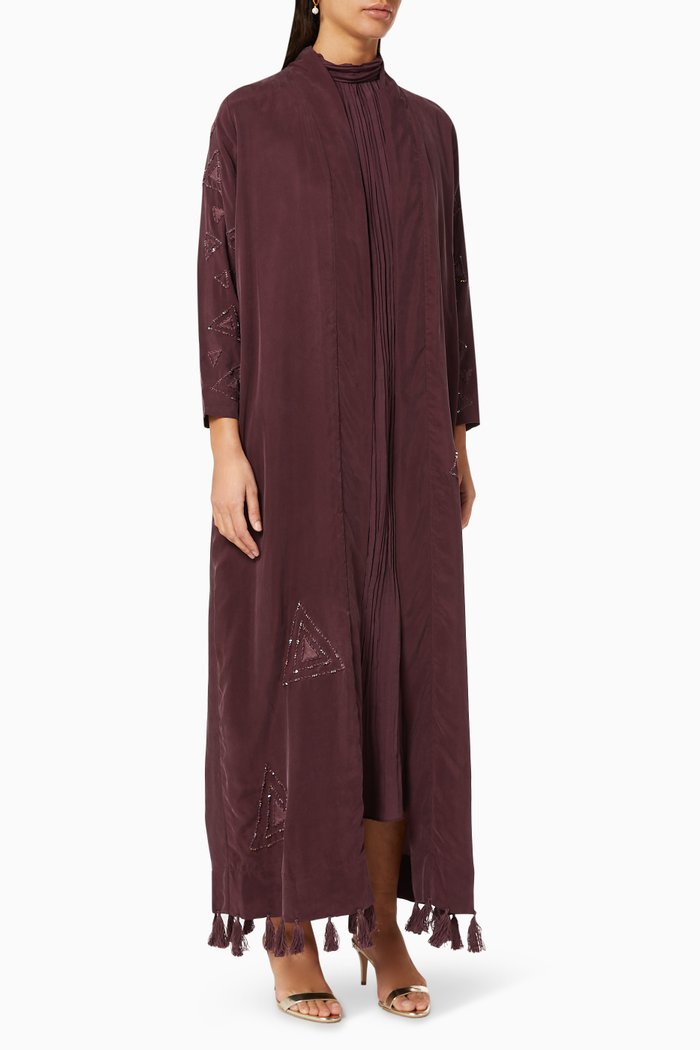 

Abaya with Embroidery & Tassels, Burgundy