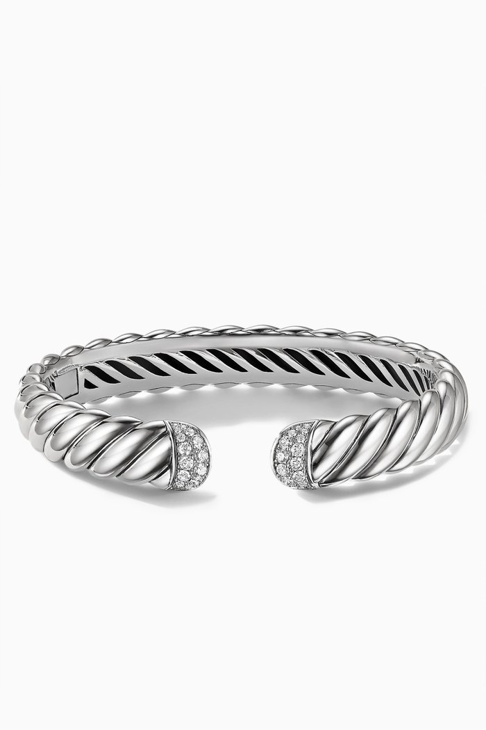 

Sculpted Cable Cuff Bracelet with Pavé Diamonds in Sterling Silver