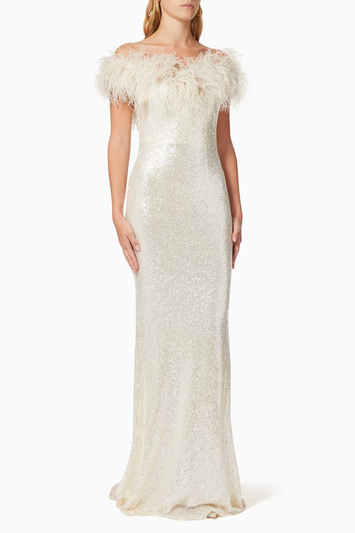 

Sequin Gown with Feather Trim, Neutral