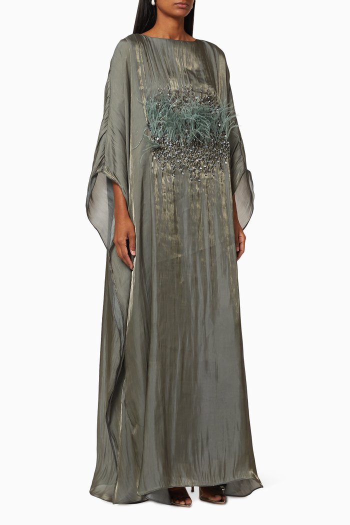 

Two Tone Kaftan with Feather Embroidery, Grey