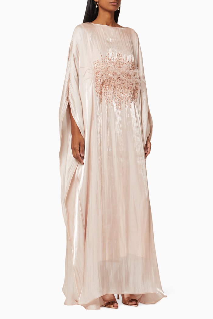 

Two Tone Kaftan with Feather Embroidery, Pink