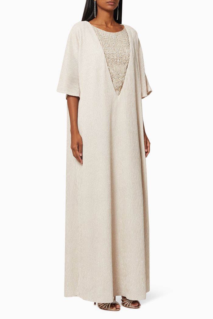 

Crinkled Kaftan with Sequin Embroidery, Silver