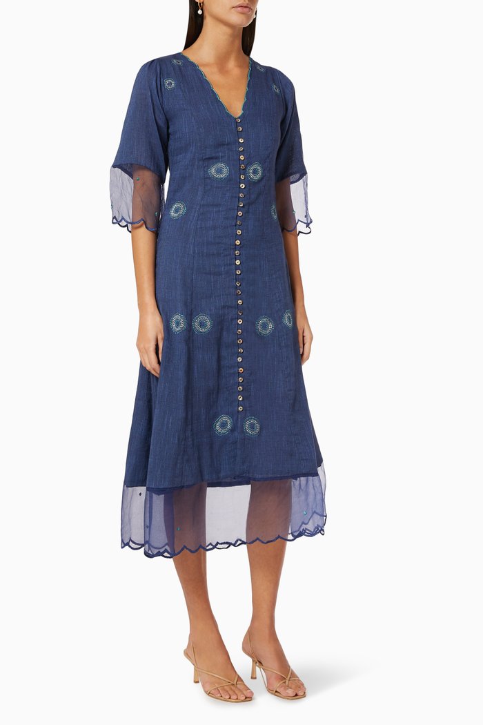 

Marine Dress with Floral Embroidery, Blue