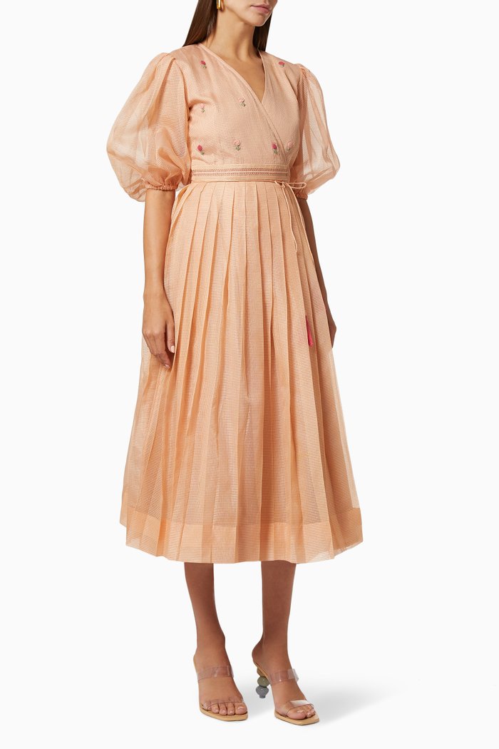 

Blush Wrap Dress with Floral Embroidery, Orange