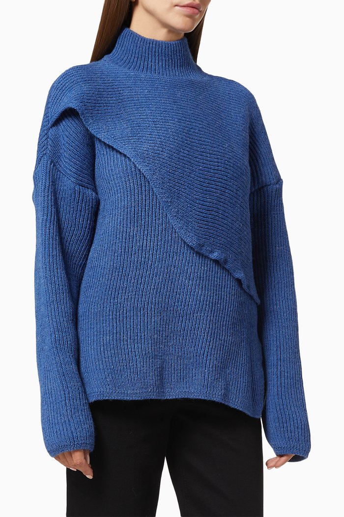 

Melisi High Neck Jumper in Rib-knit Wool, Blue