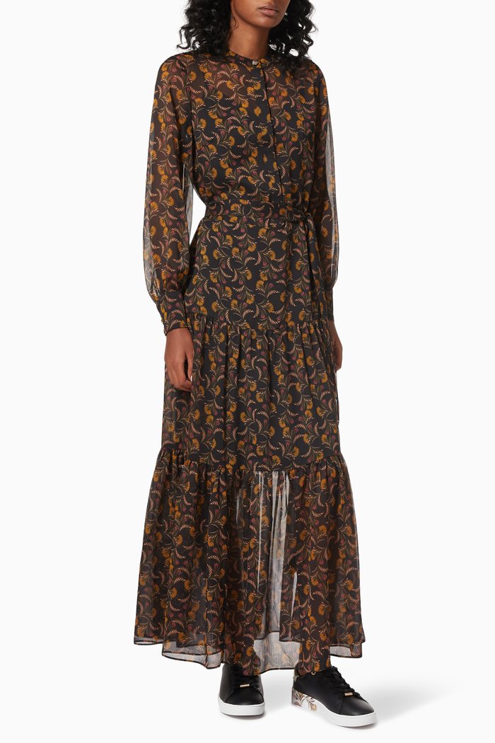 Lettii Dress in Deco-print Chiffon, Black