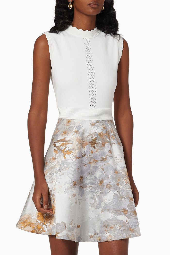 Oliivee Dress in Viscose Knit and Vanilla-print Jacquard, White