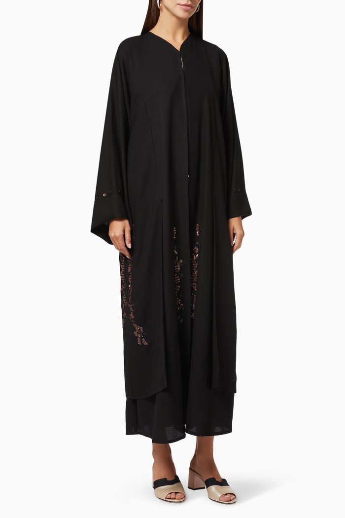 Layered Abaya with Sequin Embroidery, Black