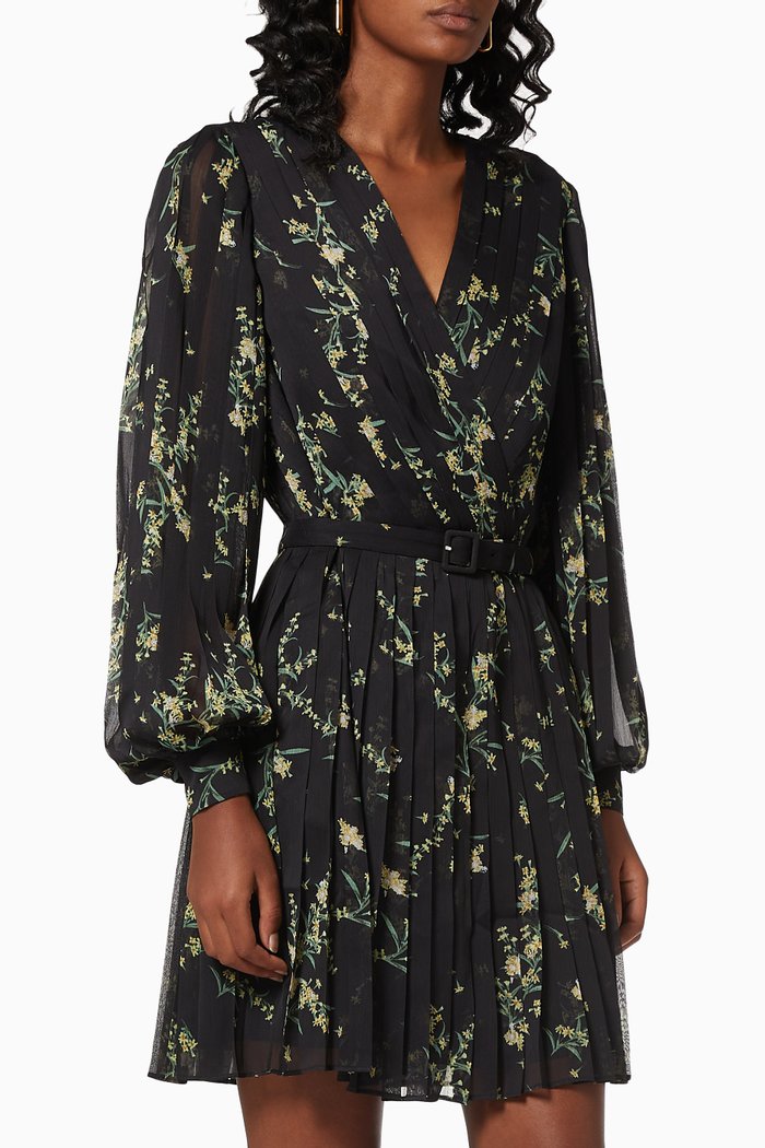 

Bilia Pleated Dress in Papyrus-print Chiffon, Black