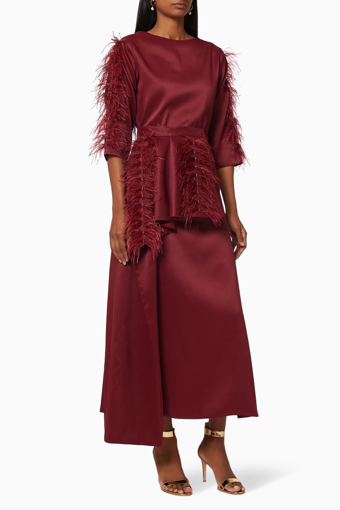 

Feather Trim 2 Piece Dress Set, Burgundy