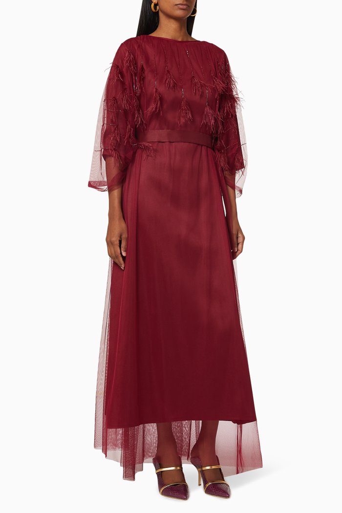 Beaded Feather Kaftan, Burgundy