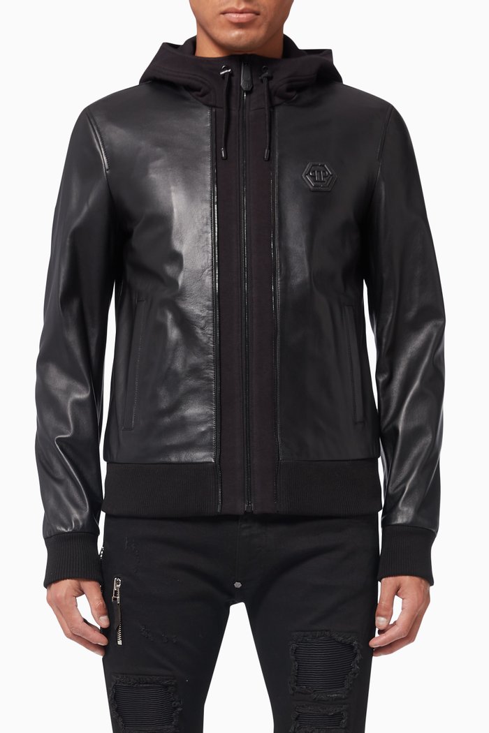 Iconic Plein Hooded Jacket in Nappa Leather, Black