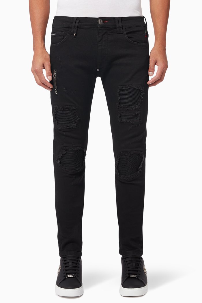 

Biker Destroyed Jeans in Cotton, Black