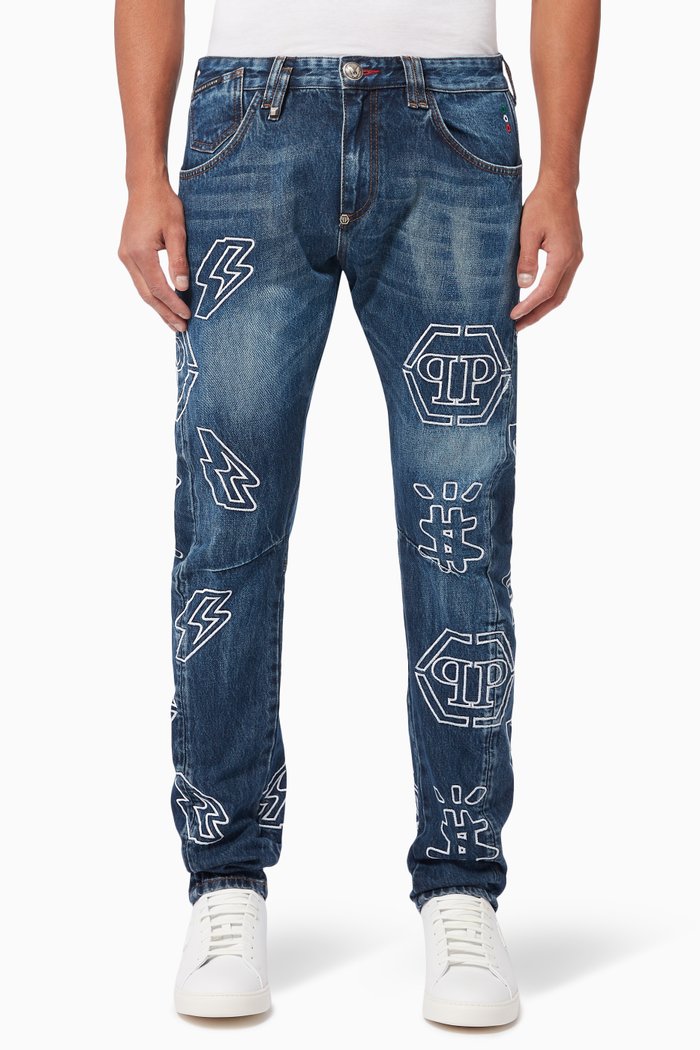 

Milano Cut Monogram Jeans in Cotton, Blue