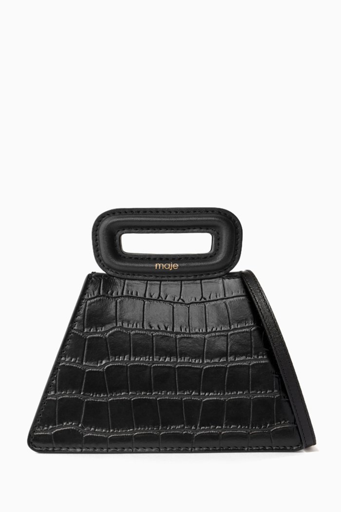 

Pyramid Bag with Embossed Leather Handle, Black