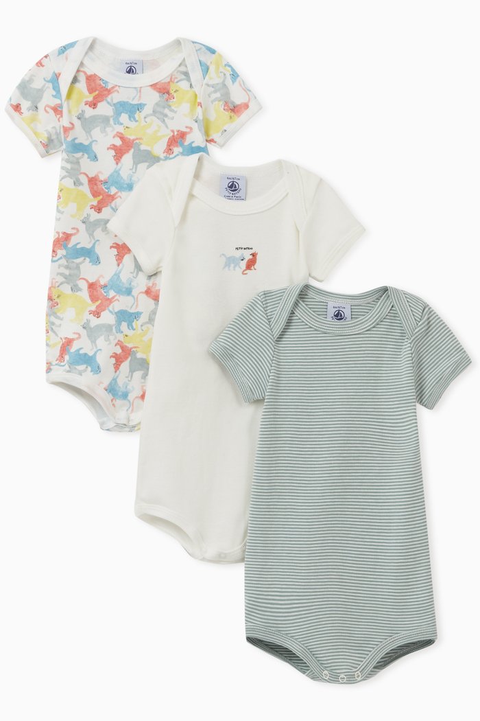 

Cat Print Cotton Bodysuit, Set of 3, Multicolour