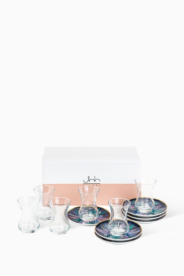 

Tala Istikanah & Saucer in Glass & Porcelain, Set of 6, Multicolour