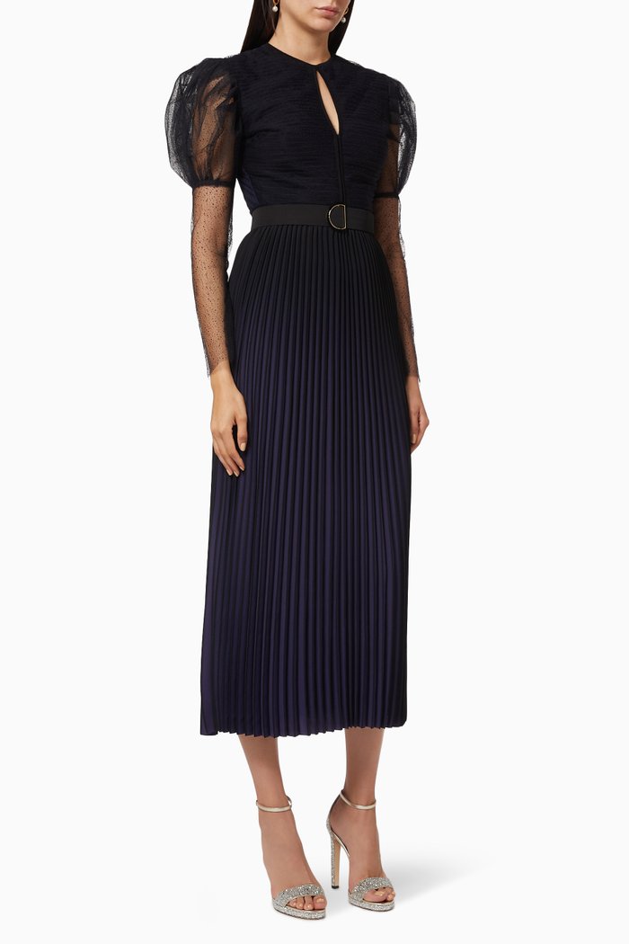 

Pleated Dress with Belt, Blue