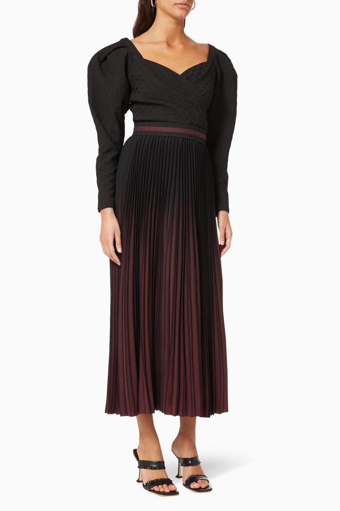 

Two Tone Pleated Dress with Belt, Multicolour