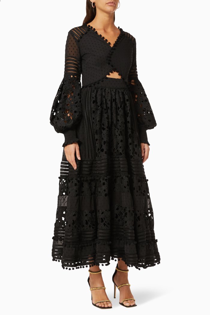 

Tiered Dress with Lace & Bobble Trim, Black