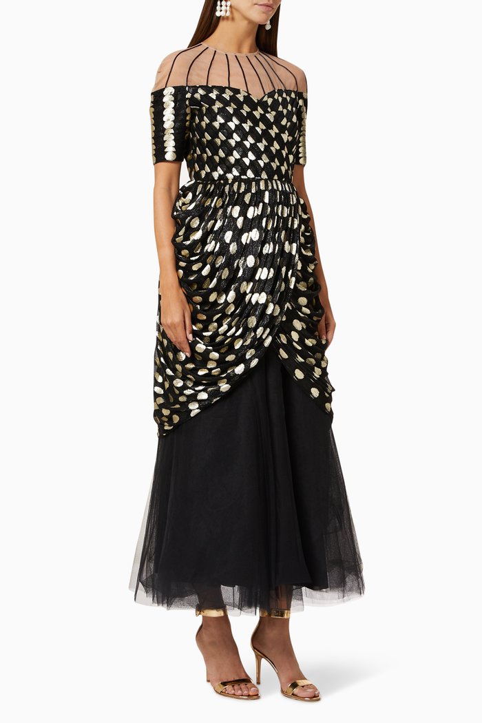 

Draped Dress with Metallic Polka Dots, Black