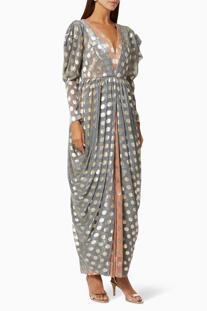 

Gathered Dress with Metallic Polka Dots, Multicolour
