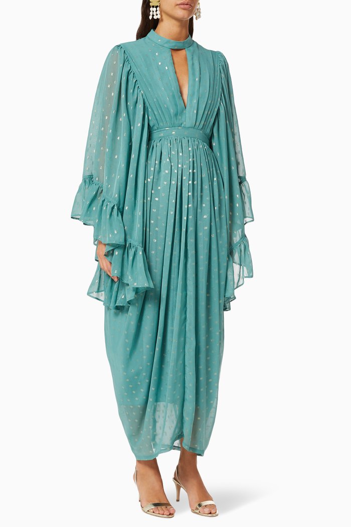 

Frill Dress with Metallic Polka Dot, Blue
