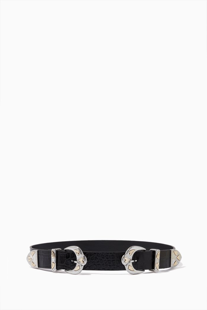 

Western Double Buckle Belt in Croc-embossed Leather, Black